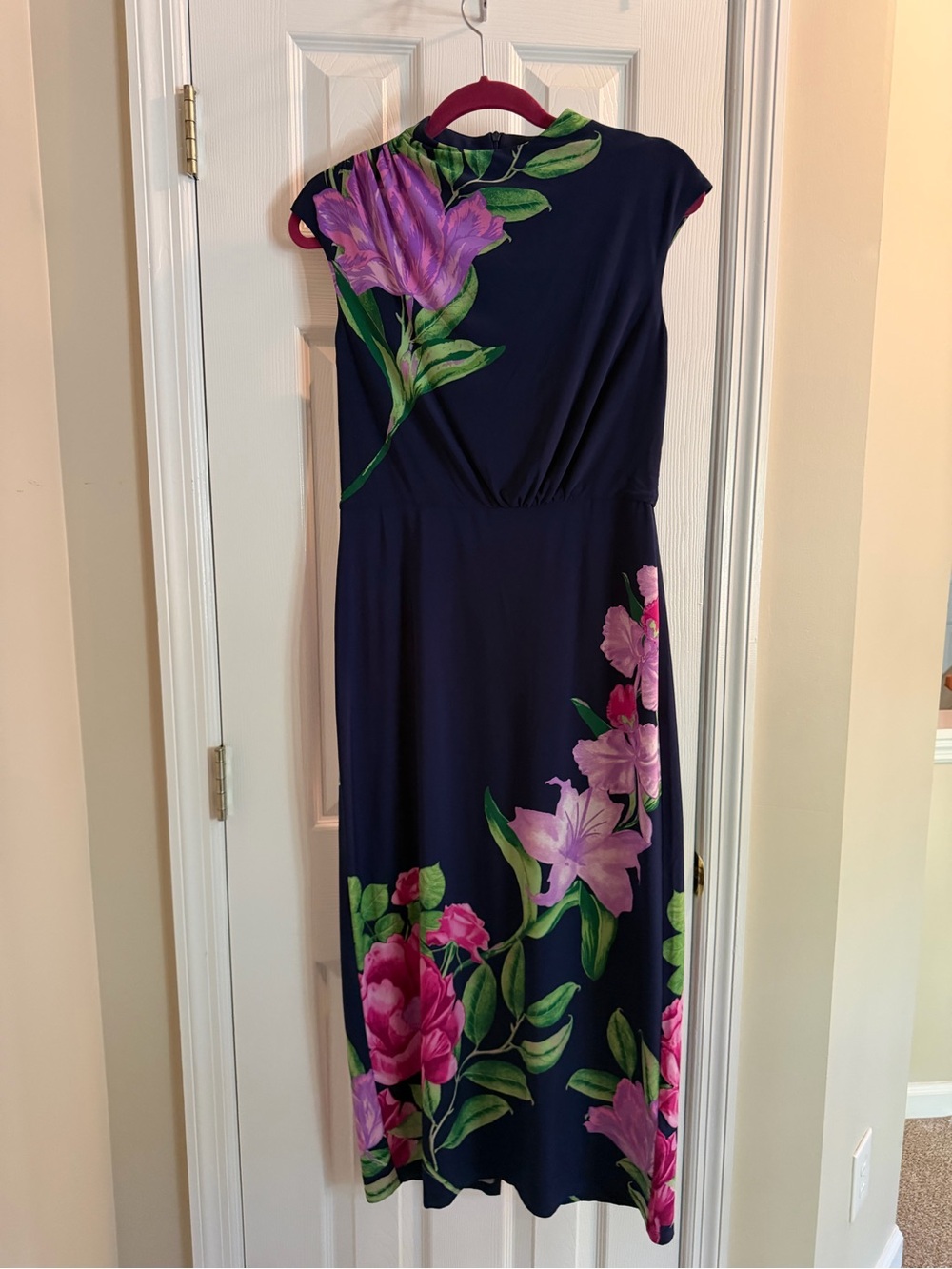 London Times Navy Maxi Dress with Pink & Purple Floral Accents